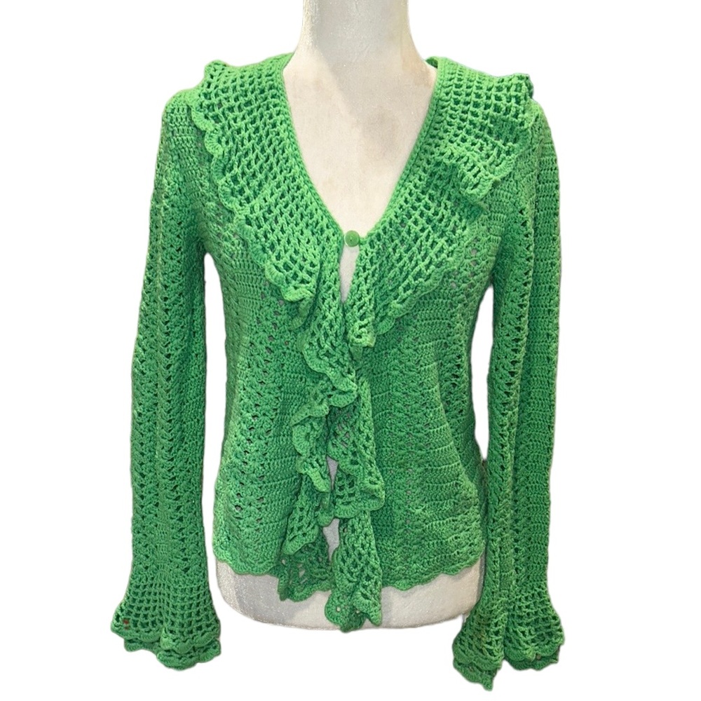 One Girl Who Anthropologie Green Crochet Ruffle Scalloped Draped Cardigan - M - Picture 2 of 12